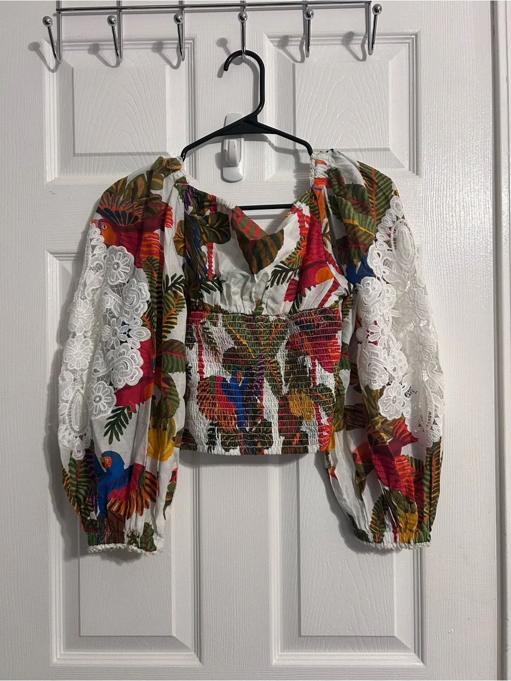 Farm Rio Tropical Floral Lace-Trim Puff Sleeve Crop Top - White/Multi - Picture 5 of 5
